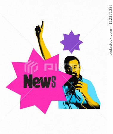 Poster. Contemporary art collage. Man with microphone holding hand pointing up with magenta and purple starbursts with 'News' text. Poster. Contemporary art collage. Man with microphone holding hand pointing up with magenta and purple starbursts with 'News' text. 112331383