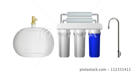 Reverse osmosis filter, expansion tank and faucet. Drinking water purification. Vector illustration design. 112331411