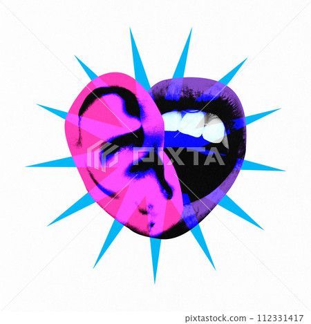 Poster. Contemporary art collage. Propaganda. Abstract artwork of ear and mouth with blue rays against white background. Poster. Contemporary art collage. Propaganda. Abstract artwork of ear and mouth with blue rays against white background. 112331417