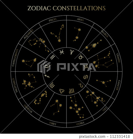 Zodiac constellations in a circle vector illustration design. Gold stars, horoscope collection and astrological signs. Zodiac constellations in a circle vector illustration design. Gold stars, horoscope collection and astrological signs. 112331418