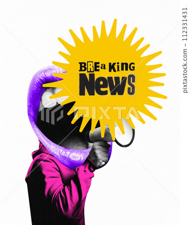 Poster. Contemporary art collage. Black and white figure with purple lips shouting into megaphone with 'Breaking news' text. 112331431