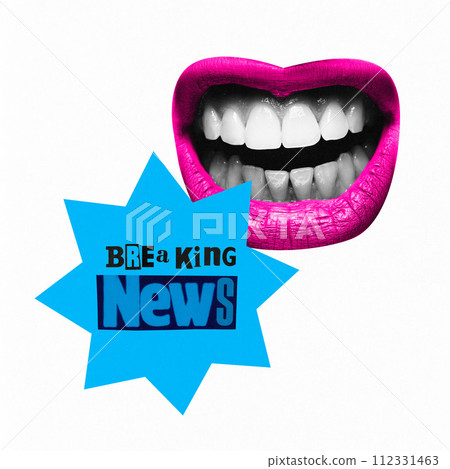 Poster. Contemporary art collage. Aggressively speaking mouth with pink lips shouting with blue star with word Breaking News. 112331463