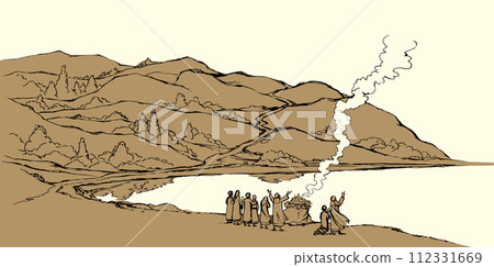 Vector image. Summer landscape with a river flowing among the hills 112331669