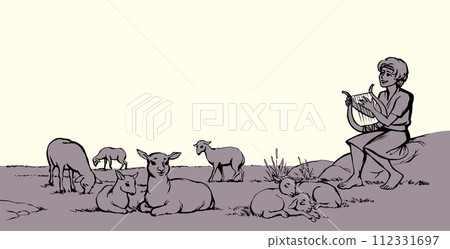 Vector drawing. Guy playing the harp at the field 112331697