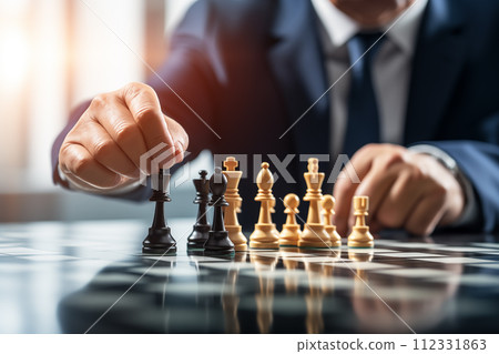 Hand of businessman moving chess figure in competition. By generative Ai 112331863