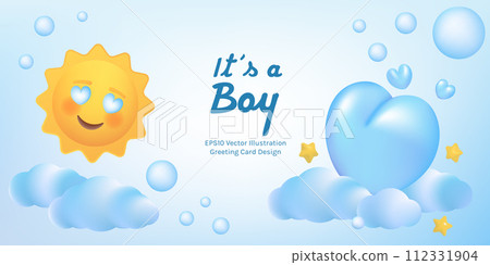 Its a boy vector illustration card template. Holiday birth announcement. Cartoon blue 3d hearts, clouds, stars, sun and bubbles. Holiday birth greeting card. Its a boy vector illustration card template. Holiday birth announcement. Cartoon blue 3d hearts, clouds, stars, sun and bubbles. Holiday birth greeting card. 112331904
