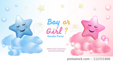 Boy or Girl invitation template vector illustration design. Cartoon pink and blue 3d stars, hearts, clouds, bubbles. Gender party celebration greeting card. 112331906