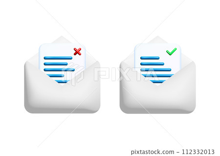Opened 3d letter envelopes with document, check and cross marks vector illustration design. Template of message notification. Opened 3d letter envelopes with document, check and cross marks vector illustration design. Template of message notification. 112332013