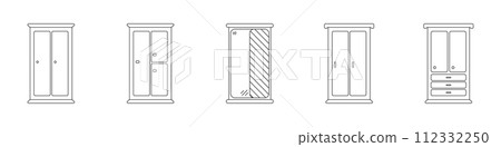 Simple wardrobe icons vector set. Templates of various linear cabinets. Home furniture icon concept. Place of clothing vector. 112332250