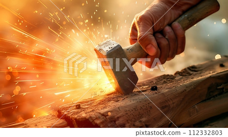 A hand with a hammer attempts to strike a nail, captured with motion blur from an extreme low angle. 112332803