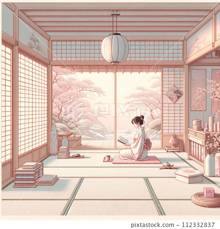 Scenery with kimono, books and cherry blossoms Scenery with kimono, books and cherry blossoms 112332837