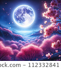夜晚藍色滿月和櫻花的特定背景 112332841