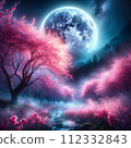 藍色滿月、溪流、大櫻花樹的風景畫 112332843