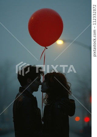 AI-generated content. A man and a woman kissing passionately beneath a red balloon in a romantic moment. AI-generated content. A man and a woman kissing passionately beneath a red balloon in a romantic moment. 112332872