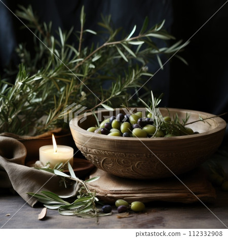 AI-generated content. A bowl filled with olives and a lit candle placed on a wooden table. 112332908