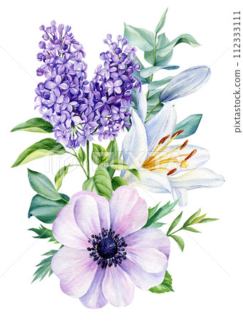 Spring flowers. Anemones, lilac, lily on isolated white background. Watercolor Flower bouquet, botanical illustration. 112333111