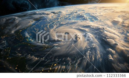 Aerial view of a large hurricane on Earth's surface, illustrating the impacts of climate change. Aerial view of a large hurricane on Earth's surface, illustrating the impacts of climate change. 112333366