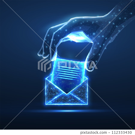 Digital hand put letter in to the envelop. AI mailing, email icon, inbox logo, envelope symbol 112333430