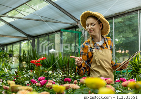 A pretty girl in a greenhouse is re-accounting for plants in a greenhouse. A pretty girl in a greenhouse is re-accounting for plants in a greenhouse. 112333551