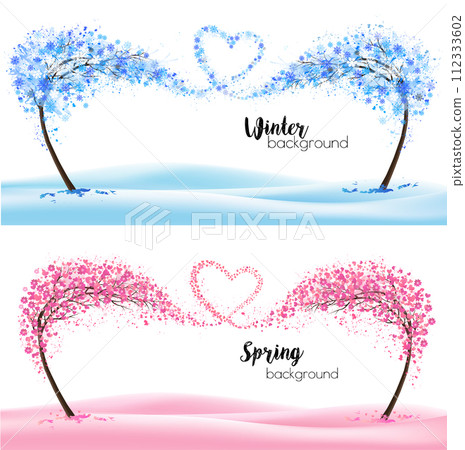 Two season nature backgrounds with stylized trees representing a seasons - winter and spring. Trees with flying snowflakes and spring flowers collected in the shape of a heart. Vector. 112333602