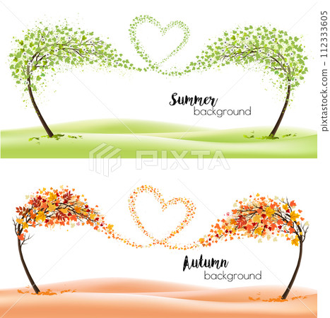 Two season nature backgrounds with stylized trees representing a seasons - summer and autumn. Trees with flying leaves and summer flowers collected in the shape of a heart. Vector. Two season nature backgrounds with stylized trees representing a seasons - summer and autumn. Trees with flying leaves and summer flowers collected in the shape of a heart. Vector. 112333605
