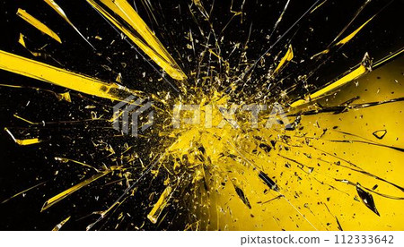 Broken glass piece yellow black background Broken glass piece yellow black background 112333642