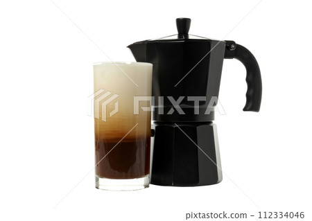 PNG, Glass with iced coffee and coffee maker, isolated on white background 112334046