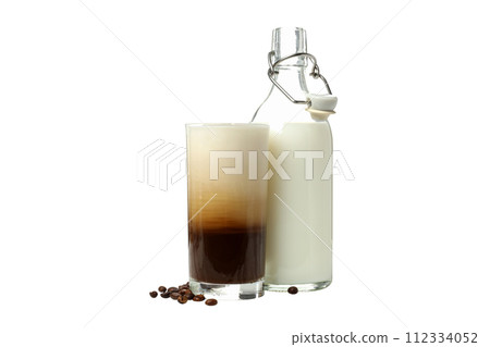 PNG, Glass with iced coffee and bottle of milk, isolated on white background 112334052