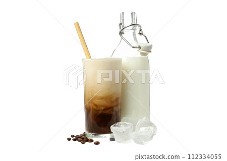 PNG, Glass with coffee, bottle of milk and ice cubes, isolated on white background 112334055