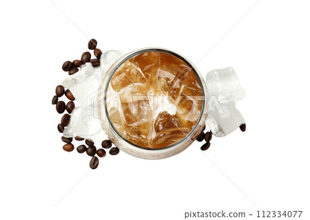PNG, Glass with iced coffee, coffee beans and ice cubes, isolated on white background, top view PNG, Glass with iced coffee, coffee beans and ice cubes, isolated on white background, top view 112334077
