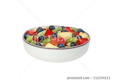 PNG, white plate with fruit salad, isolated on white background. 112334211