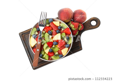 PNG plate on wooden board isolated on white background. 112334223