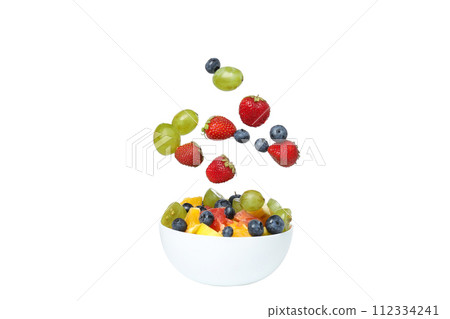 PNG, levitating components of fruit salad, isolated on white background. 112334241