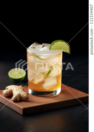 A refreshing lime ginger elixir in a glass with ice, presented on a wooden board. 112334407