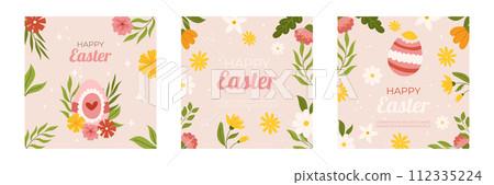 Easter collection of square social media post template. Design with flowers and painted eggs. Hand drawn flat vector illustration. 112335224