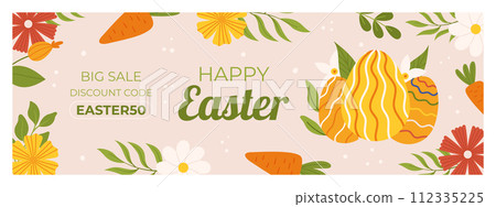 Easter sale horizontal banner template for promotion. Design with three orange painted eggs, flowers and leaves, carrot. 112335225