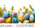 Happy Easter banner. Colorful eggs on white background 112335365