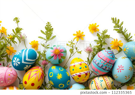 Happy Easter banner. Colorful eggs on white background 112335365