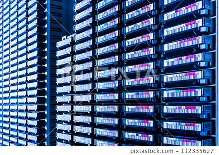 data cloud tapes inside data center racks 112335627