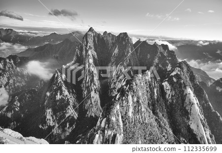 Black and white photo of Huashan National Park mountain landscape, China. 112335699