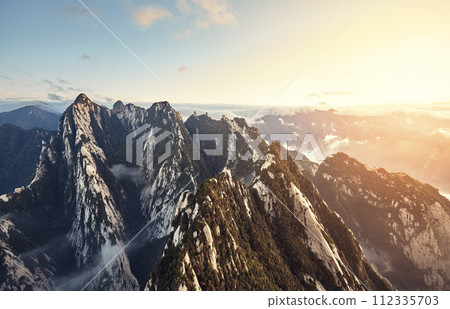 Panoramic view of Huashan National Park mountain landscape at sunset, China. 112335703