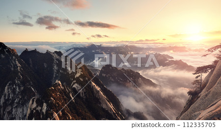 Panoramic view of Huashan National Park mountain landscape at sunset, China. 112335705