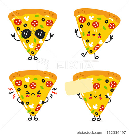 Funny Slice of pizza characters bundle set. Vector hand drawn doodle style cartoon character illustration icon design. Cute Slice of pizza mascot character collection 112336497