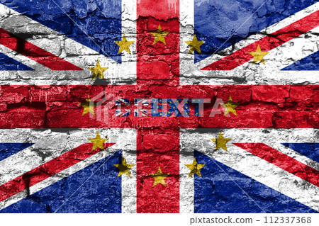 Brexit Concept. Great Britain flag and EU Yellow Stars with One Star Departing The Circle On Old Brick Wall Brexit Concept. Great Britain flag and EU Yellow Stars with One Star Departing The Circle On Old Brick Wall 112337368