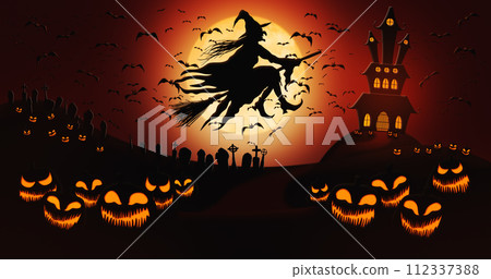 Halloween Pumpkins at Cemetery with Bats Flying and Witch Riding the Broom Against Full Moon Sky with Haunted Mansion in the Background Halloween Pumpkins at Cemetery with Bats Flying and Witch Riding the Broom Against Full Moon Sky with Haunted Mansion in the Background 112337388