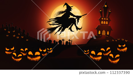 Halloween Pumpkins at Cemetery with Witch Riding the Broom Against Full Moon Sky with Haunted Mansion in the Background Halloween Pumpkins at Cemetery with Witch Riding the Broom Against Full Moon Sky with Haunted Mansion in the Background 112337390