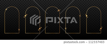 Aesthetic golden arch shapes with twinkles and sparkles icons. Set of gold boho arc frames. Decorative elements in trendy 80s 90s cosmic style. Vintage vignettes. Vector illustration 112337483