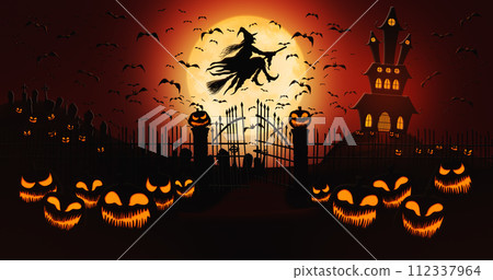 Halloween Pumpkins at Cemetery with Bats Flying and Witch Riding the Broom Against Full Moon Sky with Haunted Mansion in the Background 112337964