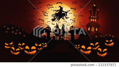 Halloween Pumpkins at Cemetery with Bats Flying and Witch Riding the Broom Against Full Moon Sky with Haunted Mansion in the Background Halloween Pumpkins at Cemetery with Bats Flying and Witch Riding the Broom Against Full Moon Sky with Haunted Mansion in the Background 112337971