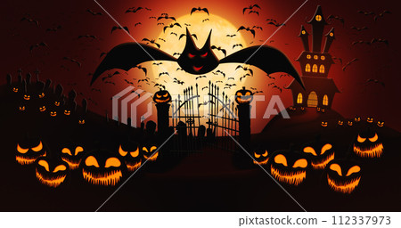 Halloween Pumpkins at Cemetery with Bats Flying and Witch Riding the Broom Against Full Moon Sky with Haunted Mansion in the Background 112337973